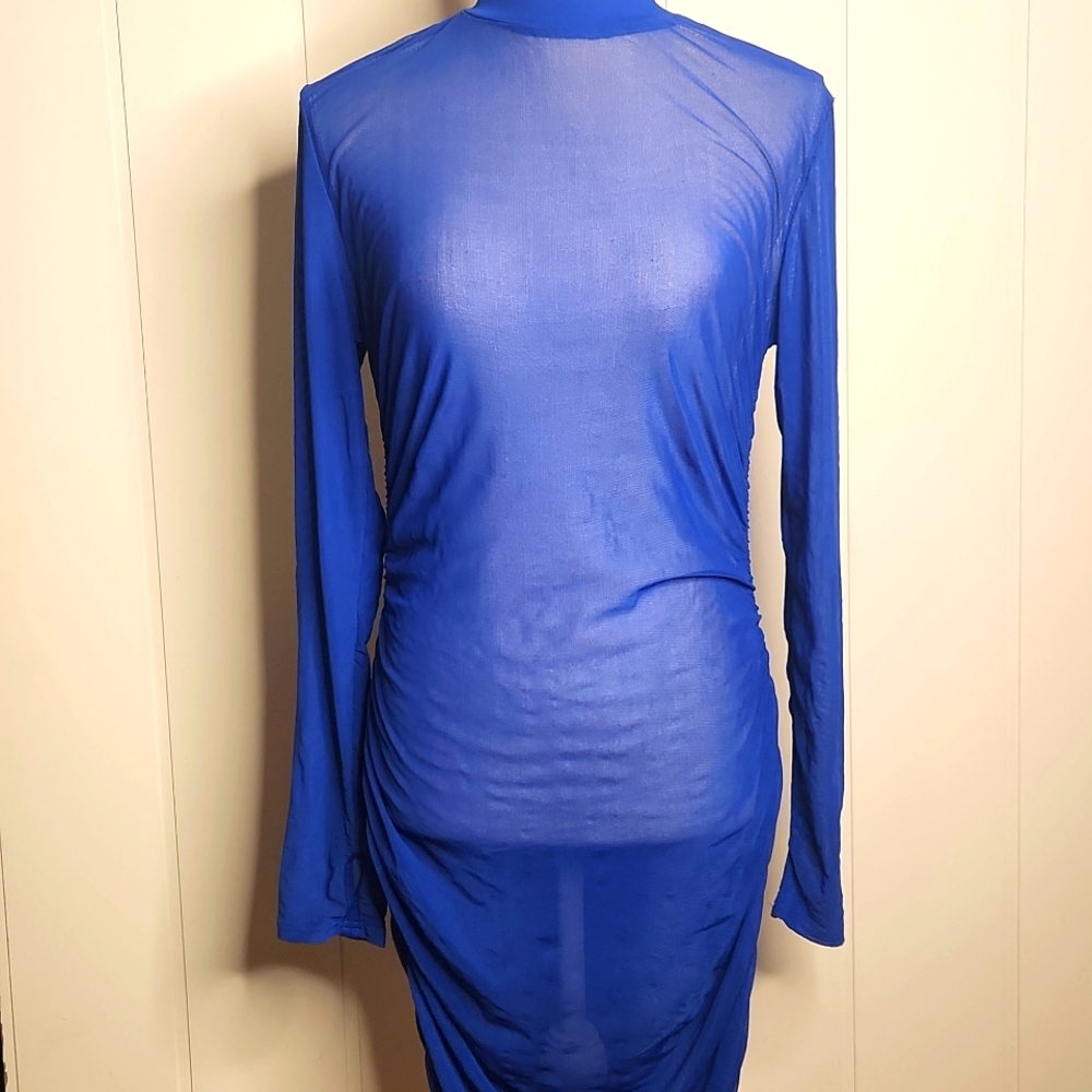 Y2K bright blue long sleeve sheer Side Rouched Turtleneck Form Fitting Dress